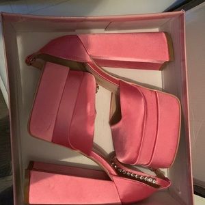 NWT Pink Satin Platform Heels With Diamond Ankle Strap